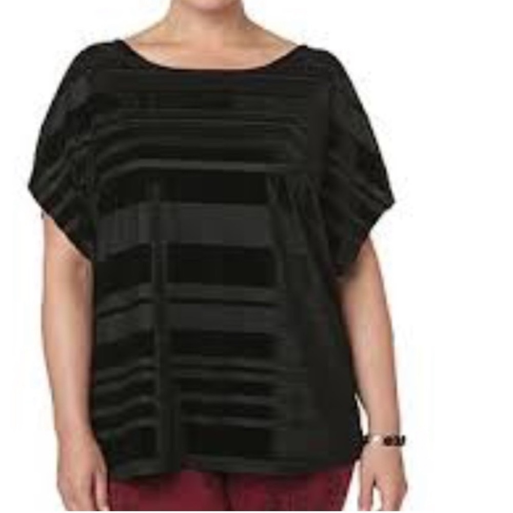 Simply Emma Velvet Panels Blouse 1X Navy Blue Striped Top Bateau Neck